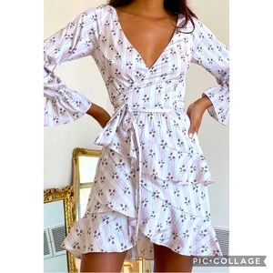 White Multi Print Ruffled Long Sleeve Wrap Dress